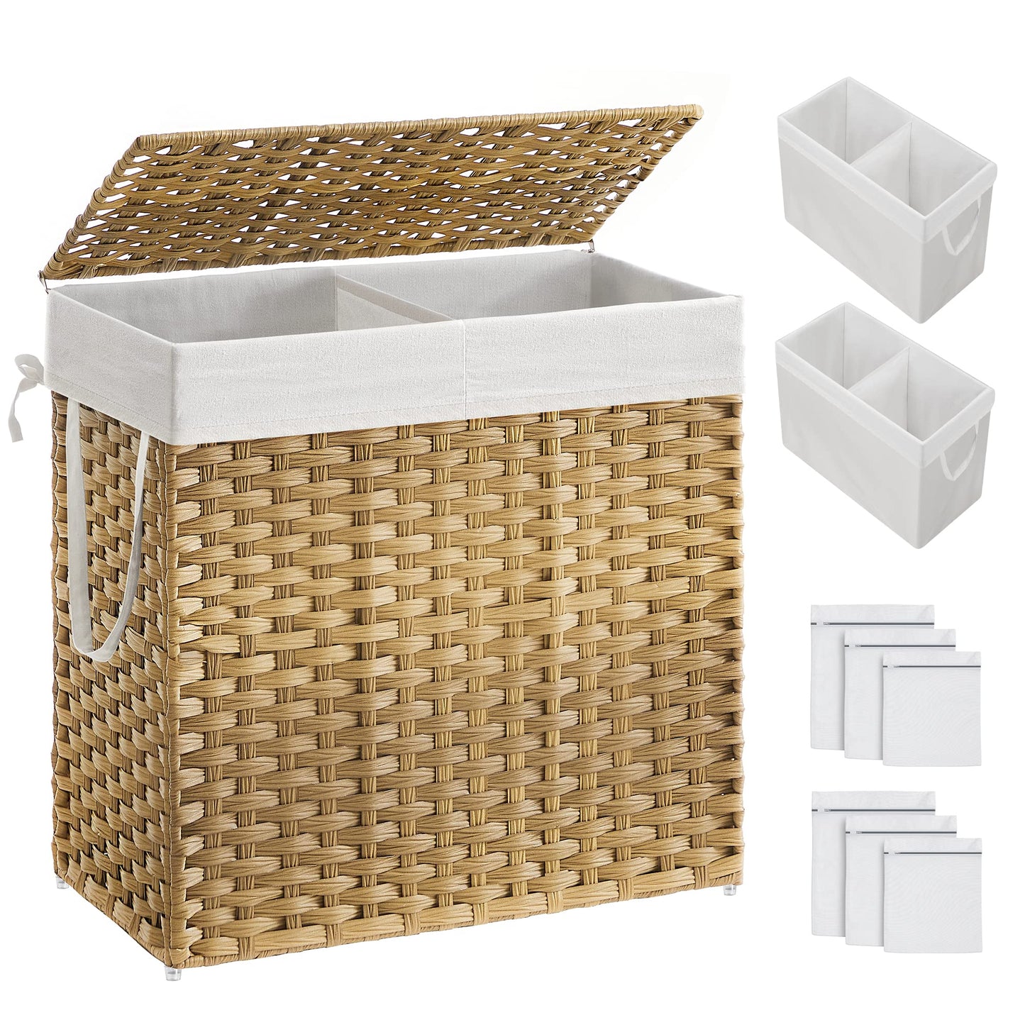 SONGMICS Laundry Hamper with Lid, 130L Clothes Hamper with 2 Removable Liner Bags, 6 Mesh Bags, Wicker Laundry Basket, Double Laundry Hamper for Bathroom, 13 x 26 x 23.6 Inches, Natural ULCB253N01
