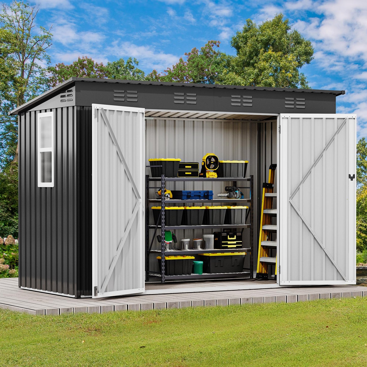 DWVO 9' x 4' Outdoor Storage Shed with Windows, Lockable Double Doors, Sloped Roof, Heavy-Duty Steel Shed for Garden & Patio, Large Backyard Tool Organizer, Dark Gray