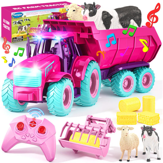 Funwee RC Tractor Toy Set with Light & Sound, Kids Farm Car Animal Trailer Wheels Remote Truck, Outdoor Vehicle Toys for 3-7+ Years Old Toddler Boy and Girl Gift(Rose red)