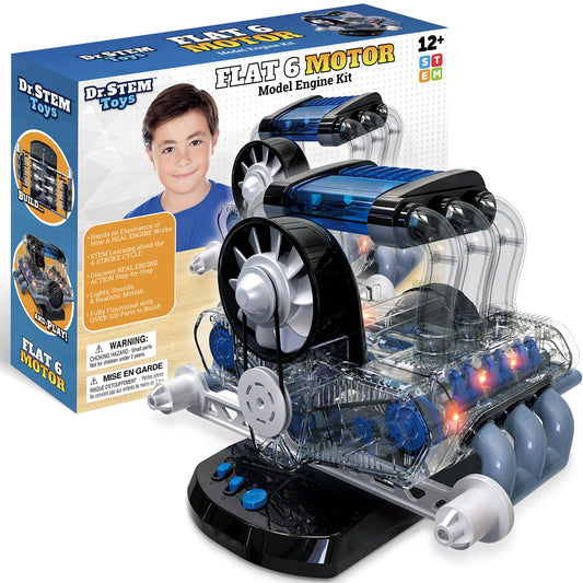 Dr. STEM Toys Model Engine Kit for Boys & Girls Ages 12+, Realistic Replica Flat 6 Motor Has Over 320 Parts, Real Motorized Action, LED Lights & Sound Effects, Comes with Detailed Directions