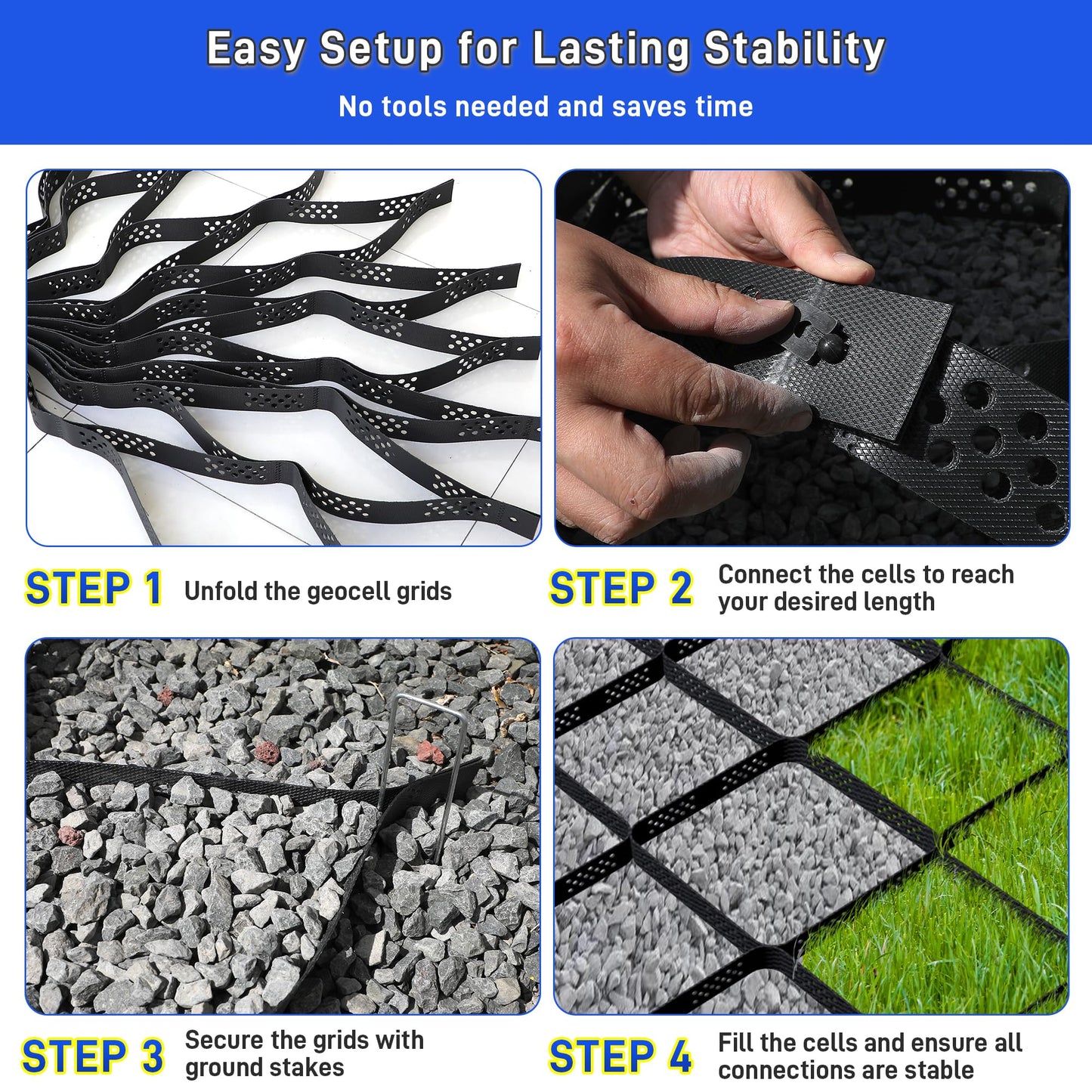 Geo Ground Grid 49.5x6.5 FT, 4" Depth Gravel Driveway Grid 1885 lbs per Sq Ft Load, Geogrid Gravel Retainer with Connectors and Stakes for DIY Patio Walkway Slope Grass Pathway Shed Base & Parking Lot
