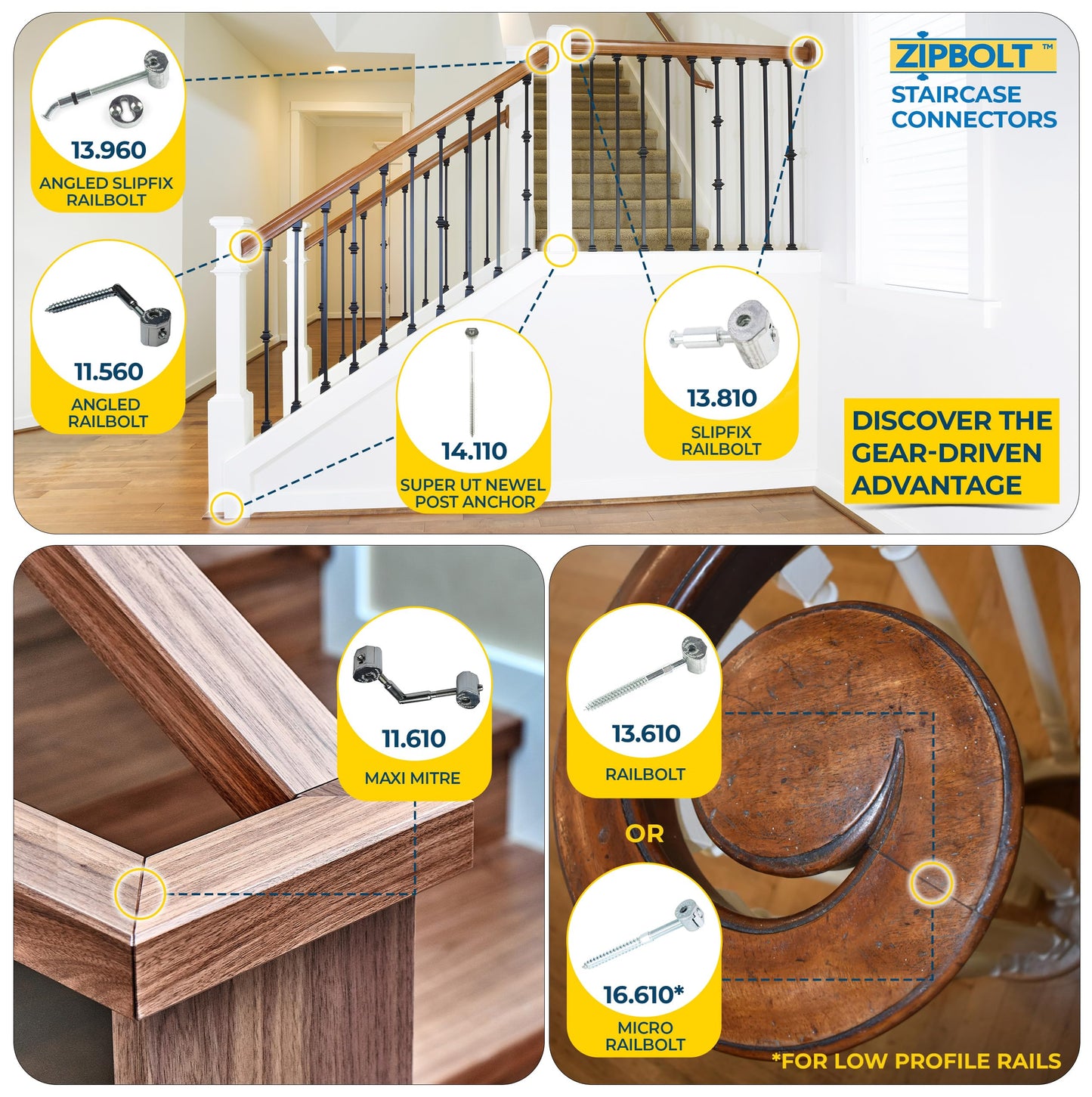 Zipbolt 14.100 Super UT Newel Post Fastener Bulk Pack — Quick and Easy Wrench-Free Installation of Staircase Newel Posts, Anchors Post Directly to Wood or Concrete Floor