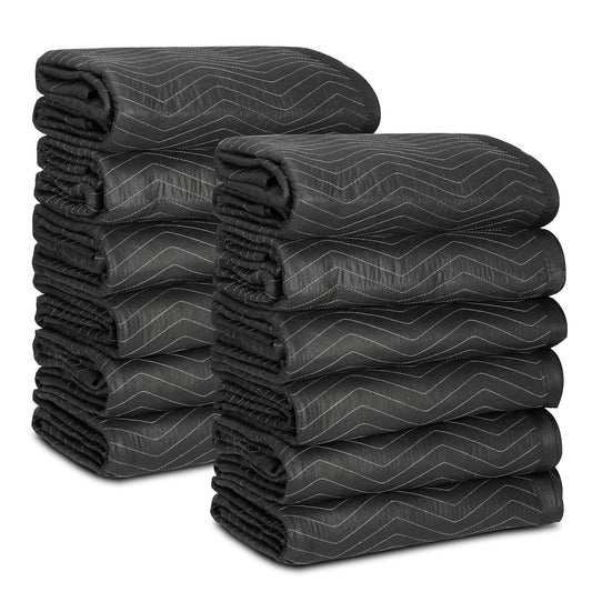 12 Moving Packing Blankets 80 x 72 Inches (65 lb/Dozen) Heavy Duty Moving Pads for Protecting Furniture Pro Quilted Shipping Furniture Pads (Black 12PCS)