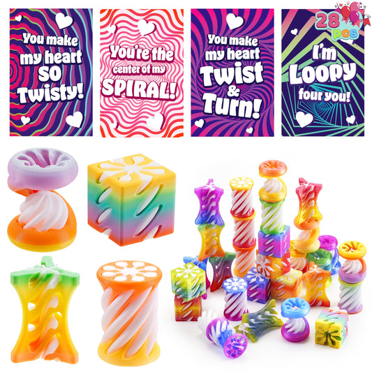 JOYIN 28 Pcs Valentines Day Gift Impossible Spiral Cone Stress Toy with Valentine Cards, 3D Printed Passthrough Toy for Kids Valentine Party Favors Gift Classroom Exchange Boys & Girls
