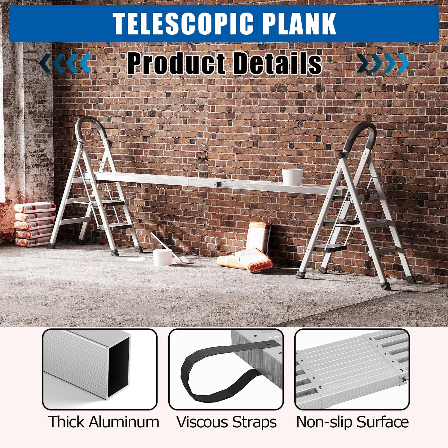8-13Ft Telescoping Work Plank, Aluminum Adjustable Scaffold Platform with Skid-Proof Surface, Ladder Accessory, 440 Lbs Capacity, Extension Plank for Safe Work