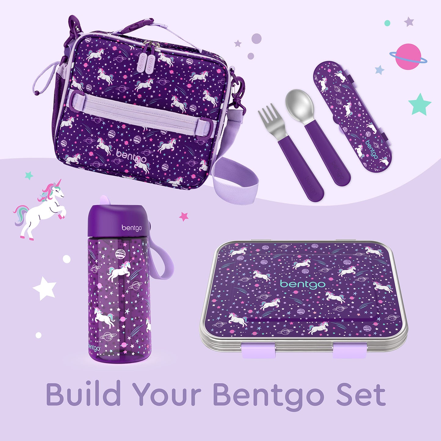 Bentgo Kids Stainless Steel Utensil Set - Reusable Fork, Spoon & Storage Case, PFAS- & BPA-Free, Easy-Grip Handles, Lightweight, Dishwasher Safe, School Lunch, Travel & Outdoors (Unicorn)