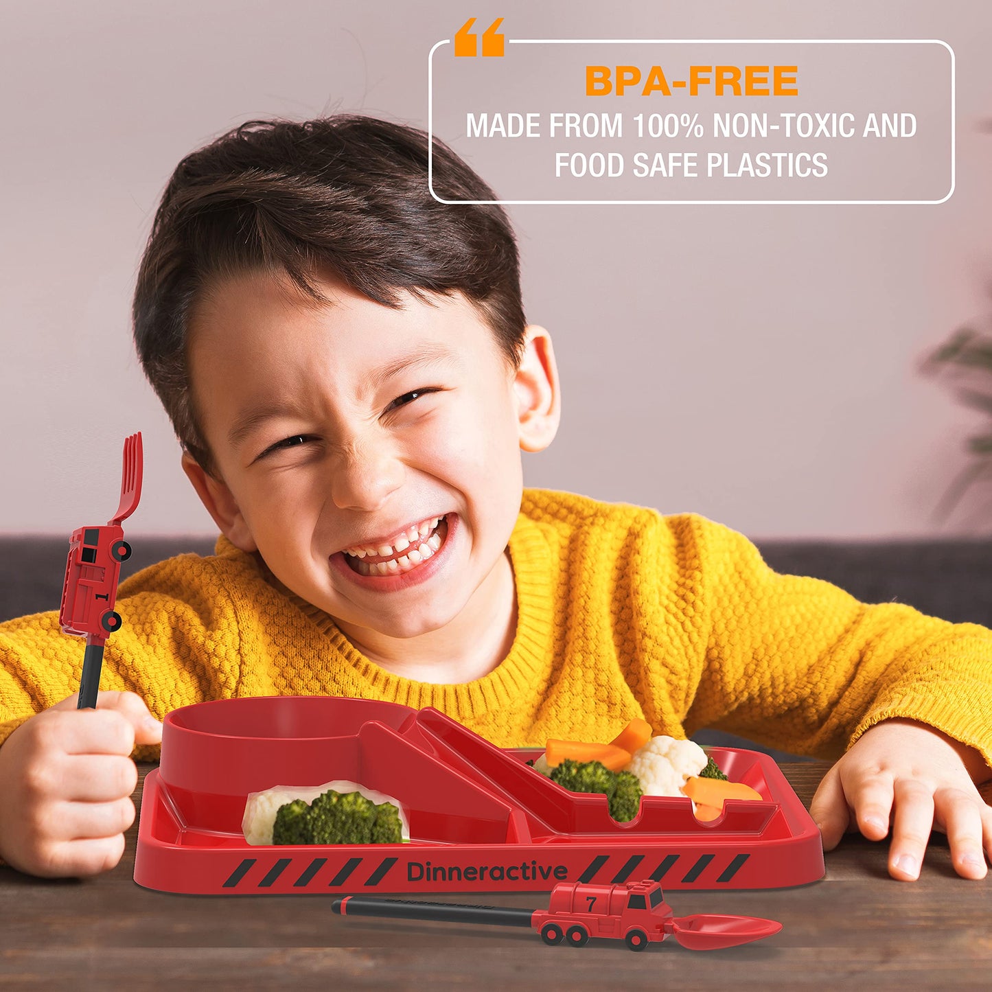Dinneractive Utensil Set for Kids – Red Firefighter Themed Fork and Spoon for Toddlers and Young Children – 2-Piece Set
