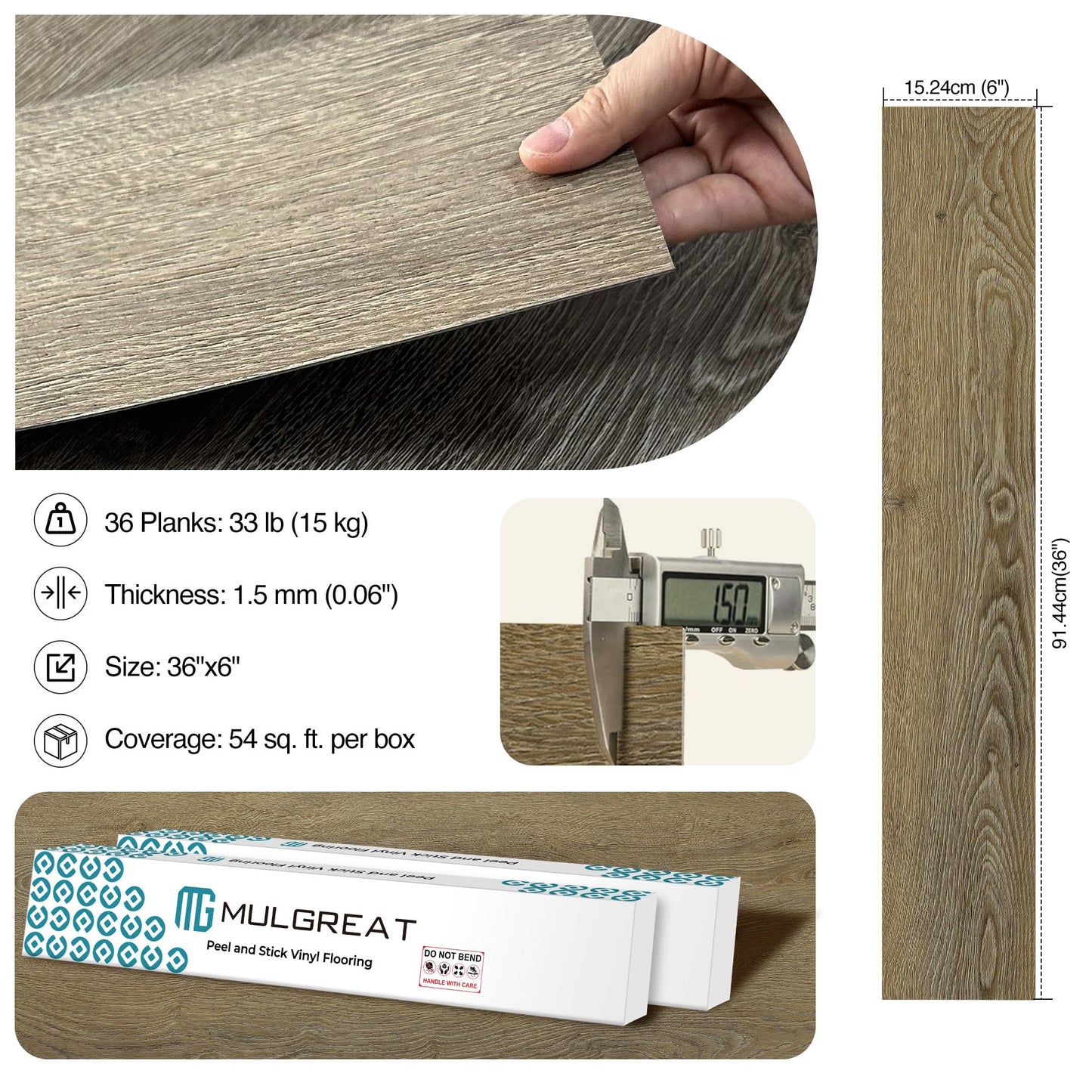 MULGREAT Peel and Stick Floor Tile, 54 Sq.Ft 36 Pieces 36"x6" Long Vinyl Flooring, 1.5mm Thick Waterproof Renter Friendly Self Adhesive Vinyl Plank Flooring for Bedroom RV Kitchen (Linen Oak)