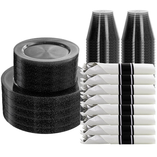 DaYammi 210PCS Black Glitter Plastic Dinnerware Set for 30 Guests, Fancy Disposable Plates for Party, Include: 30 Dinner Plates, 30 Dessert Plates, 30 Pre Rolled Napkins and 30 Cups