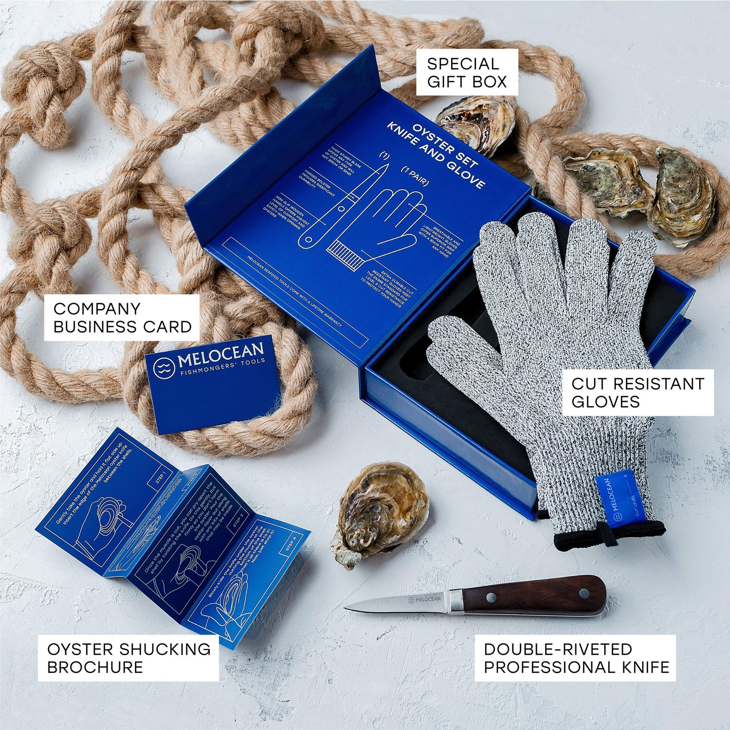 Melocean Oyster Shucking Knife and Gloves Set - Premium Oyster Knife and Shucking Gloves Kit - Professional Clam Shucker Opener Tool in Lovely Box - Bonus Ebook and Brochure Included