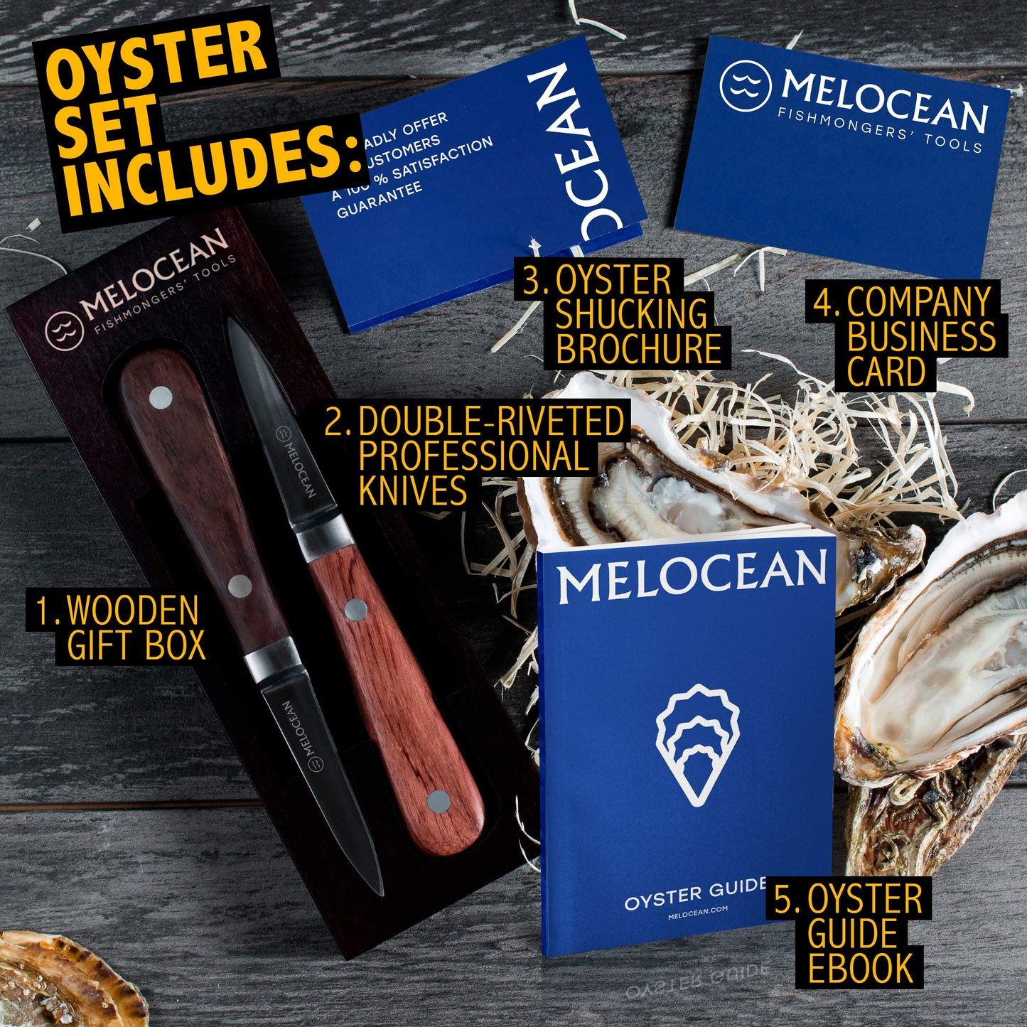 Melocean Oyster Shucking Knife Set of 2 - Professional Oyster Knife Shucker Clam Opener Kit in Lovely Box - Bonus Ebook and Brochure Included