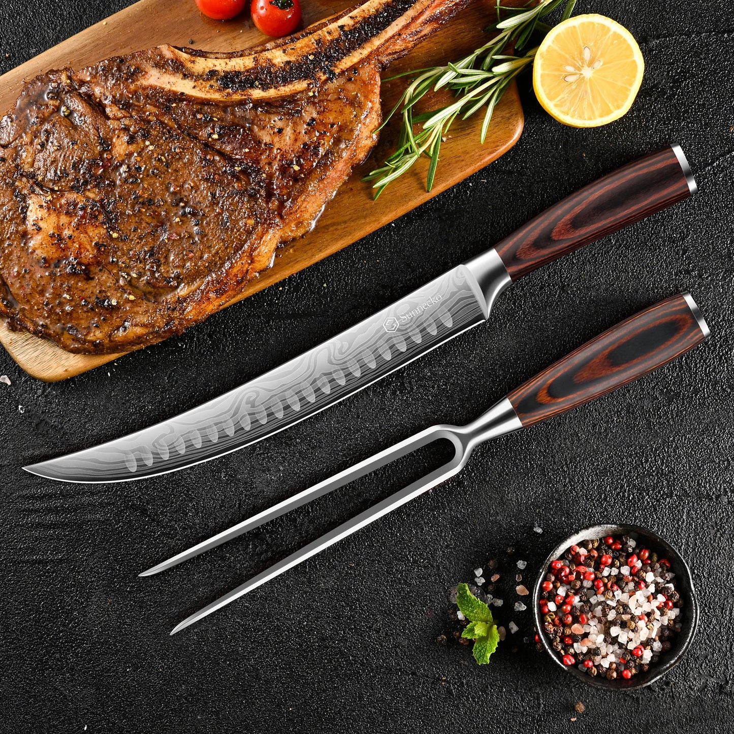 Sunnecko Butcher Knife,Razor Sharp Breaking Knife for Meat Cutting,High Carbon German Steel Carving Knives with Meat Fork