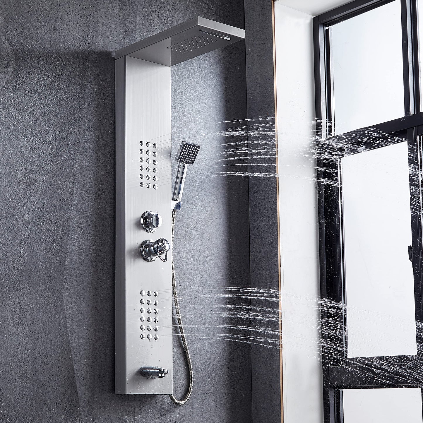 Delavin Stainless Steel Shower Panel Tower System, Wall-Mount Complete Shower Panel with Rainfall Waterfall Shower Head, Massage Body Jets, Tub Spout, Handheld Shower, Brushed Nickel