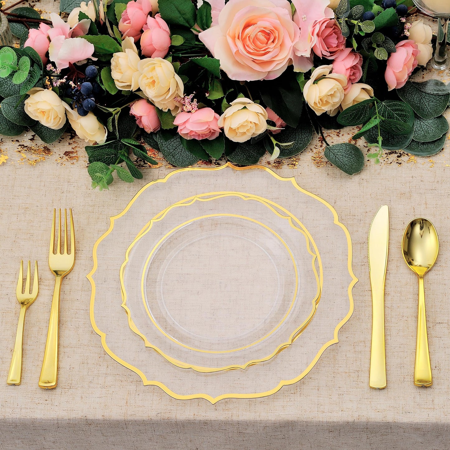 Noemie 300 PCS Premium Clear Plastic Plates, Clear Baroque Dinnerware Set for 50 Guests with Gold Trim Include 50 Dinner & 50 Dessert Plates, 200 Gold Silverware Set