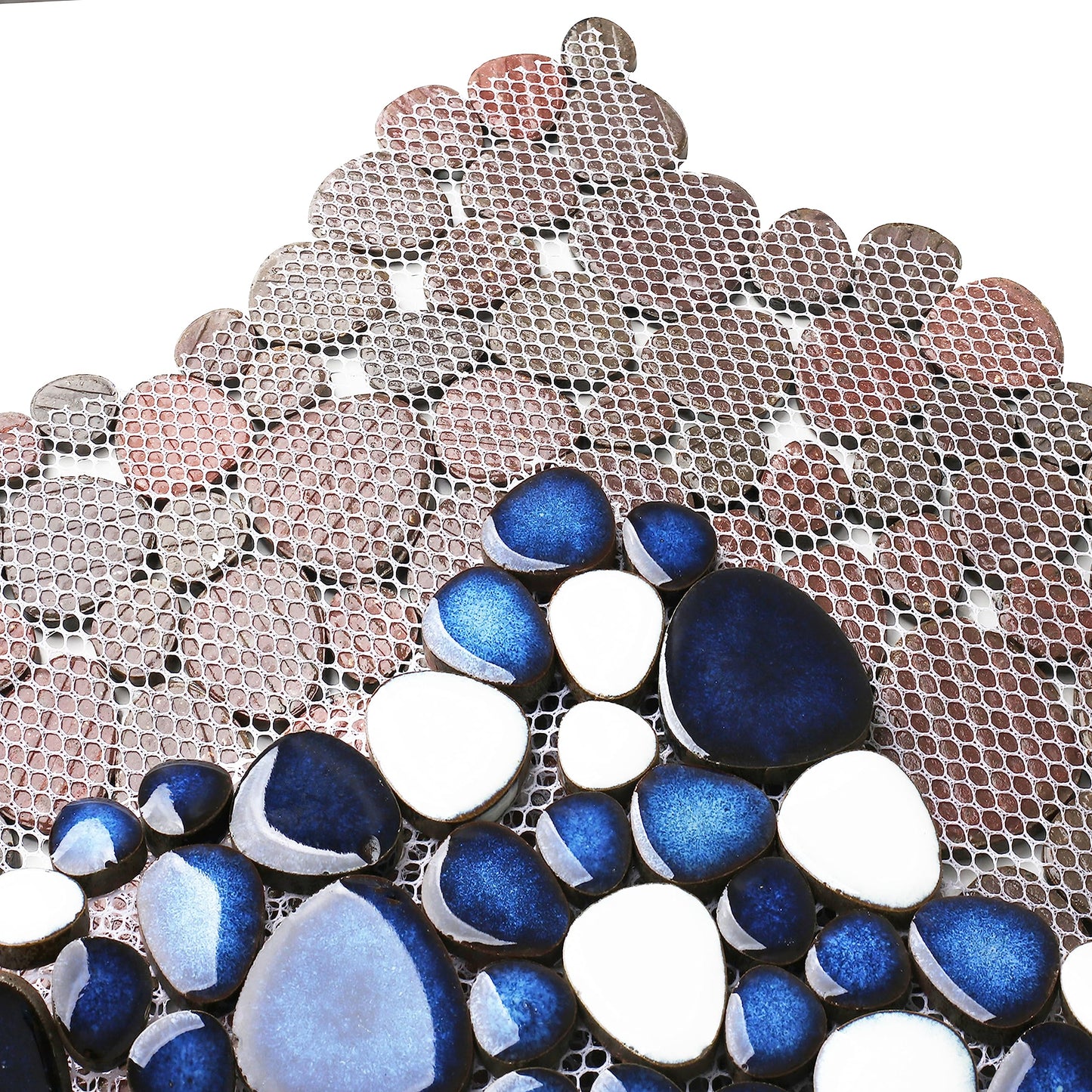 Primoon Pebble Ceramic Tiles 5 Sheets, Heart-Shaped 12x12 Floor Tile Ceramic, Dark Blue Mosaic Tiles Mesh Mounted, Waterproof Porcelain Tile Decorative for Kitchen Bath Backsplash Shower Floor Pool